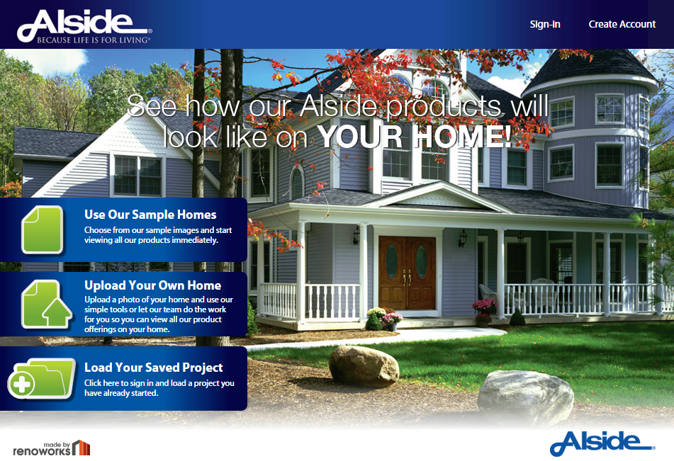 Исторический стартовый интерфейс Alside Visualizer на Renoworks, опубликованный All State Remodeling.