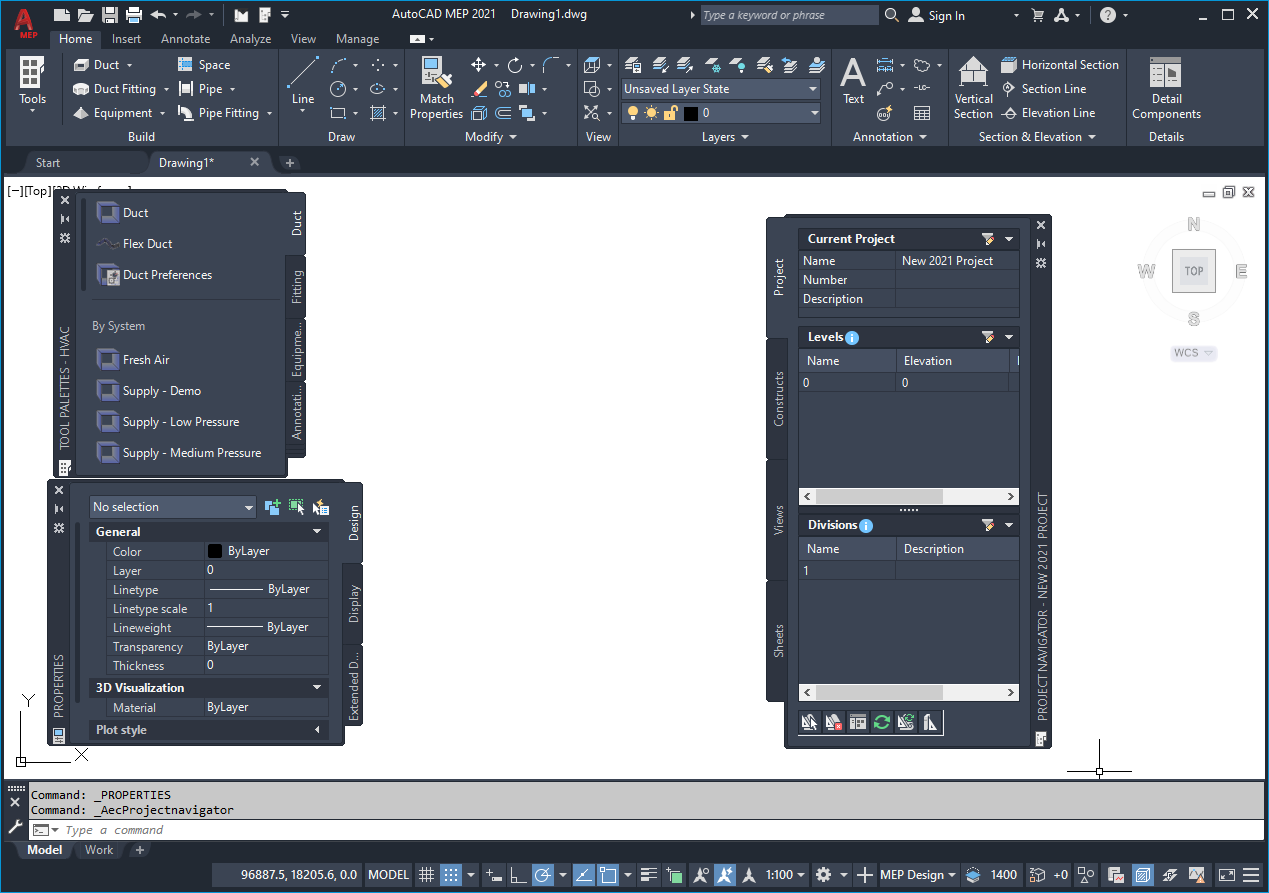 Рабочая область AutoCAD MEP из справки Autodesk 2026: палитра свойств, инструменты и навигатор проекта.