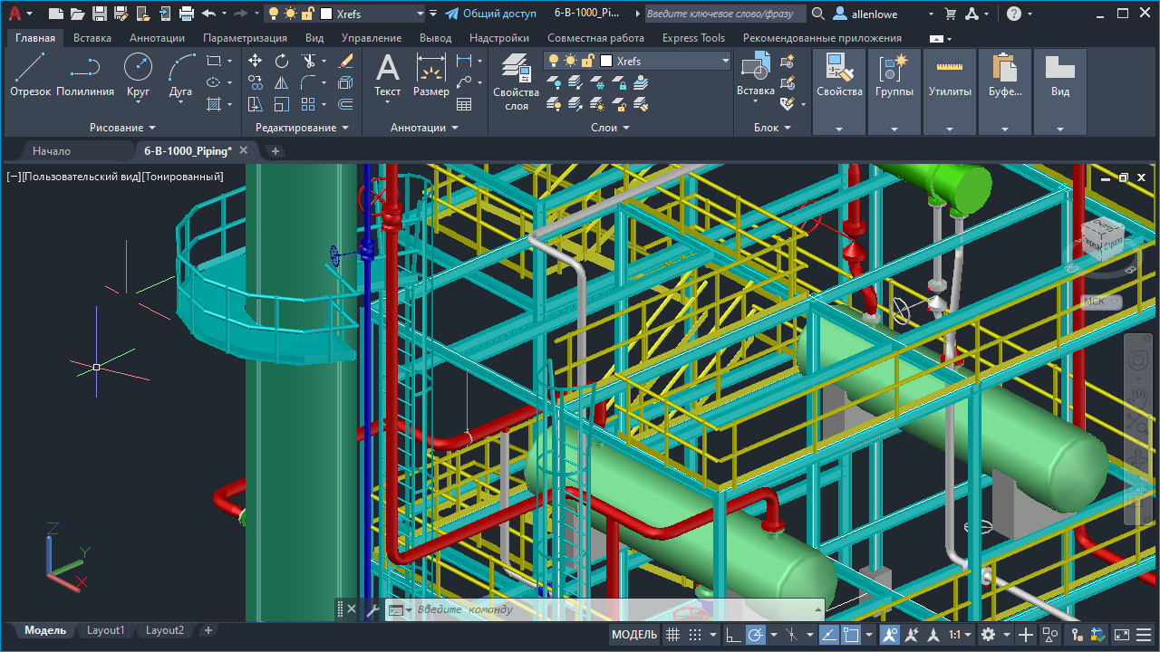 Трёхмерный вид технологических трубопроводов в окне AutoCAD MEP 2022