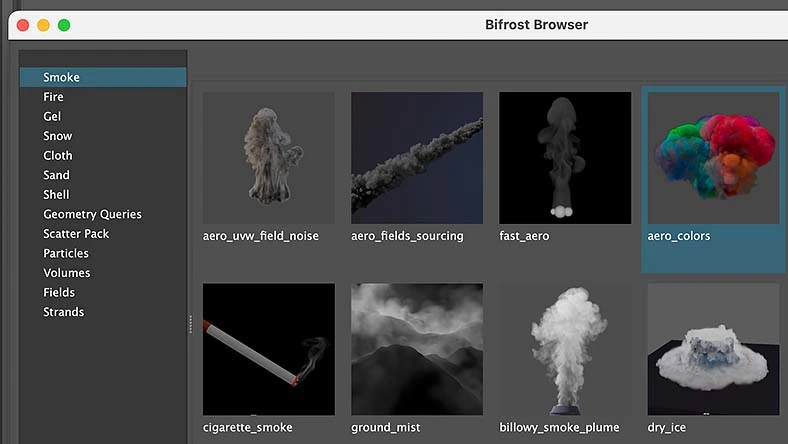 Bifrost Browser: готовые процедурные графы в Maya; иллюстрация из официального каталога Autodesk.