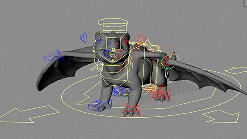 Анимационная сцена Maya: дракон с управляющими элементами рига; официальная иллюстрация Autodesk к разделу Graph Editor.
