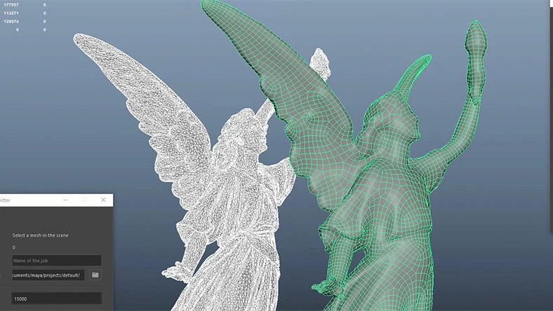Ретопология в Maya: сетки и панель заданий на официальном снимке Autodesk 2027.