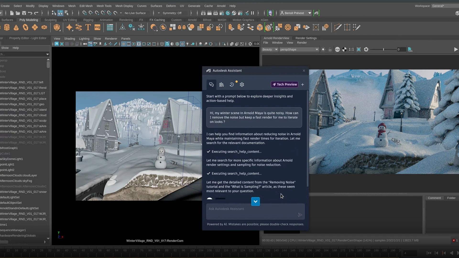 Maya 2027: сцена деревни, Arnold RenderView и Autodesk Assistant (Tech Preview); официальный снимок Autodesk.