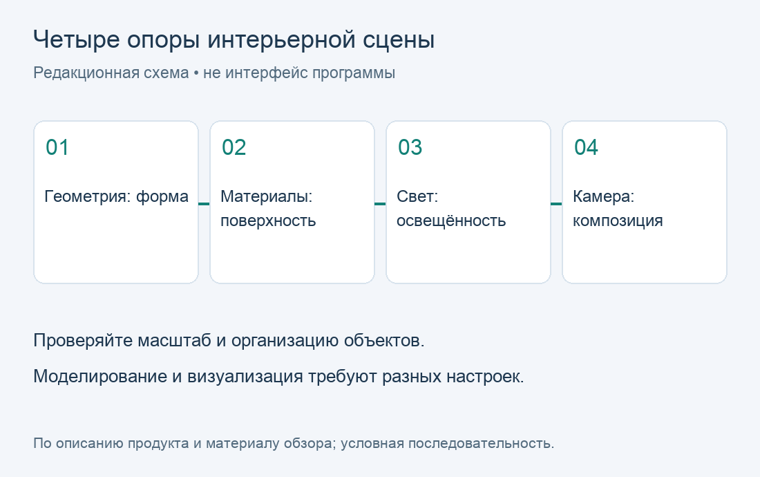 Четыре опоры интерьерной сцены. Редакционная схема по материалу обзора; не экран программы.