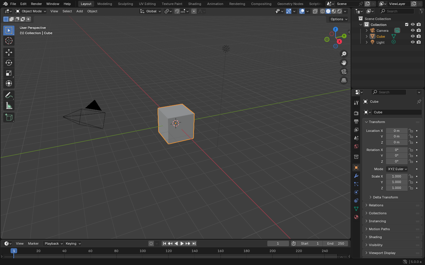 Стартовый интерфейс Blender: куб, камера и источник света в окне 3D Viewport