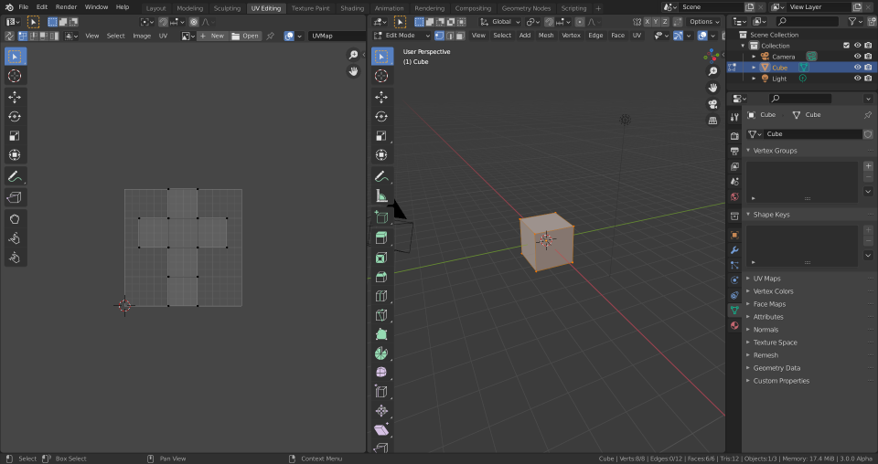 UV Editing в более раннем выпуске Blender: развёртка рядом с 3D-моделью (руководство 4.3).