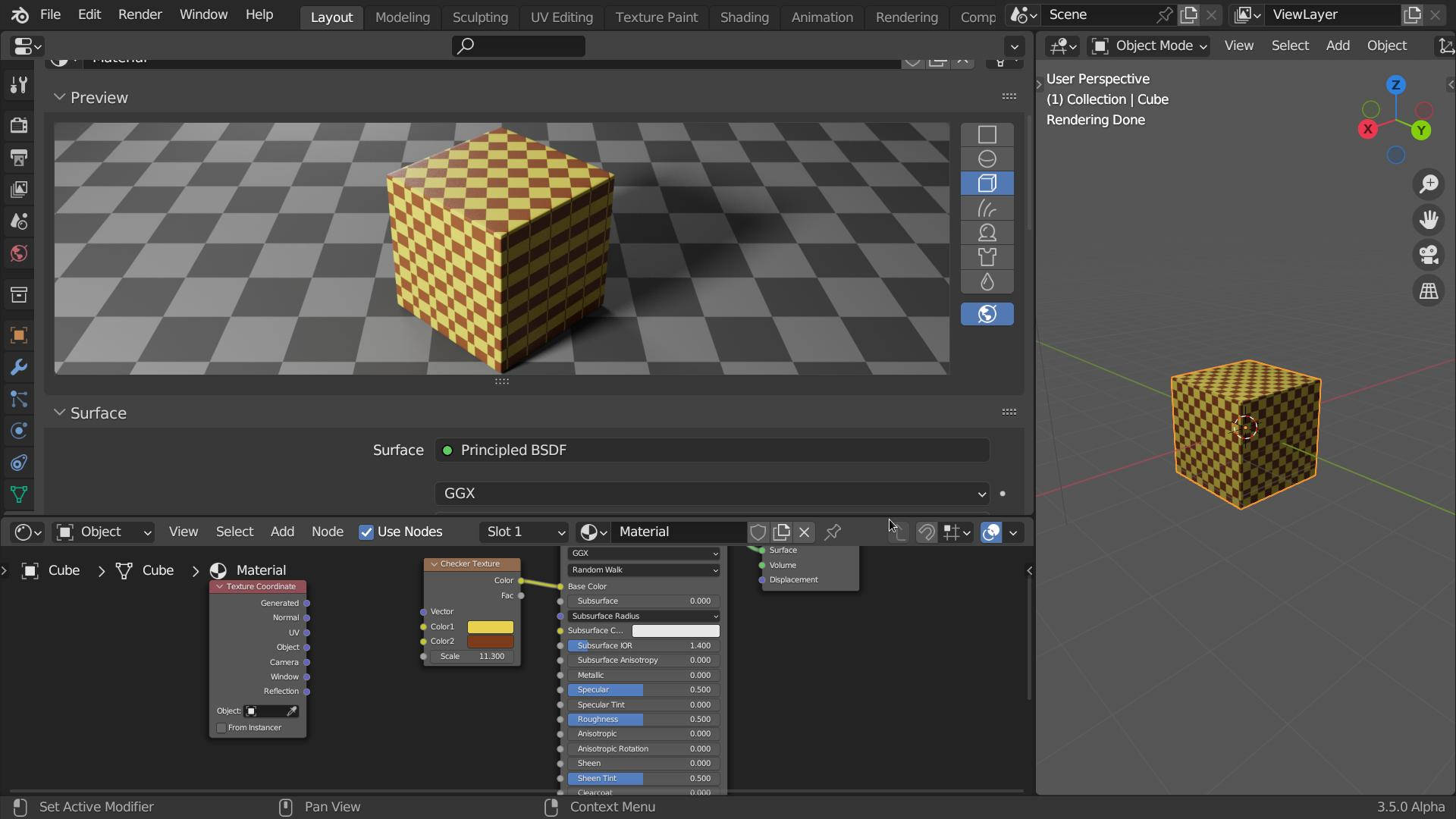 Blender 3.5 Alpha: клетчатая текстура и граф узлов; исторический снимок сообщества Blender Artists.