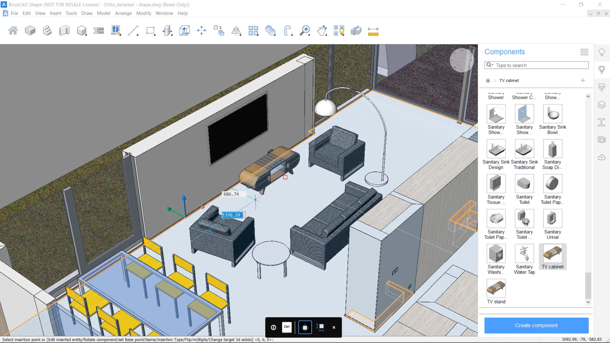 Модель гостиной и столовой: справа открыта библиотека 3D-компонентов. Архивный снимок Bricsys 2023 года; внешний вид может отличаться от V25.