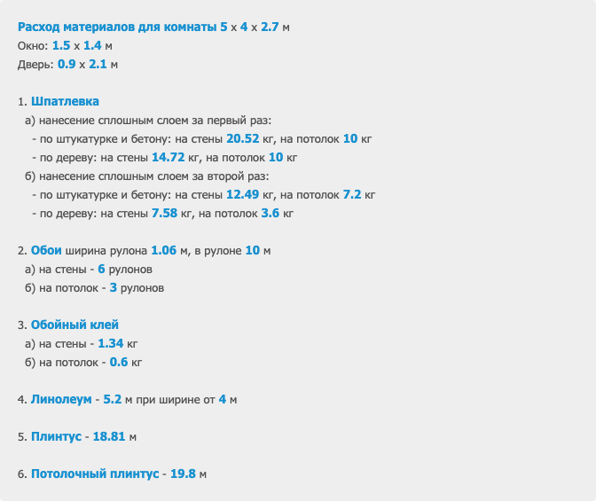CalcSoft: фактическая страница результата для комнаты 5 × 4 м после нажатия «Рассчитать».