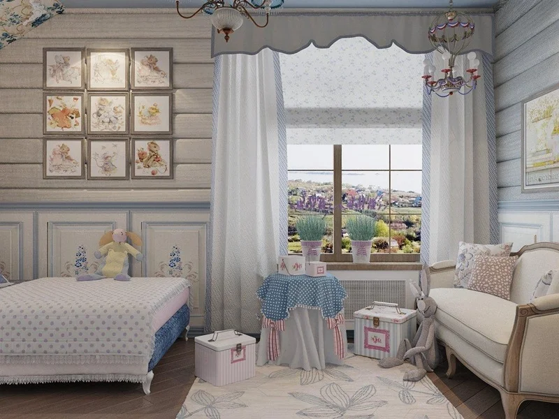 Спальня для девочки в нежно-голубых оттенках и с оригинальным декором