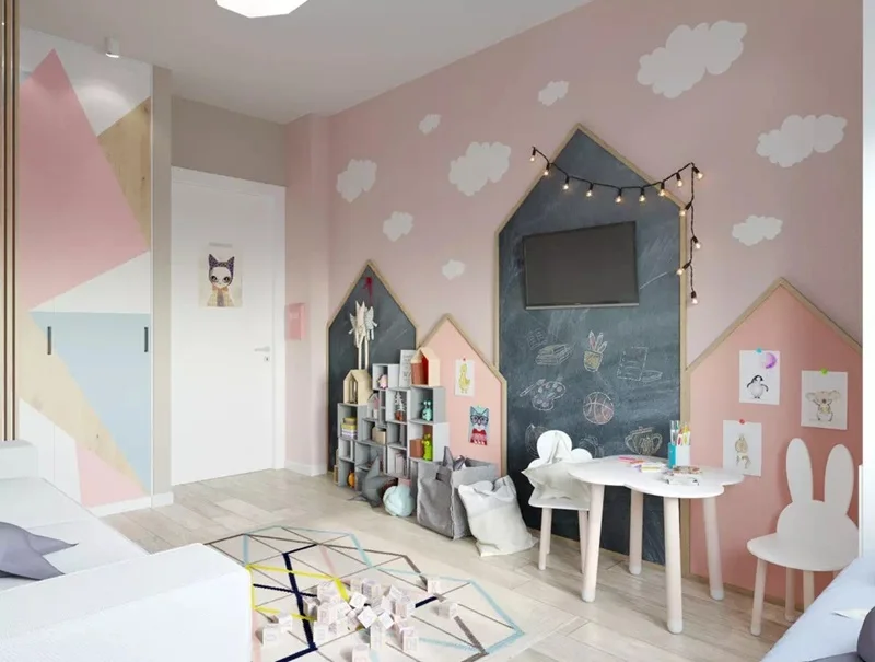 Оформление детского уголка в комнате с расписной стеной