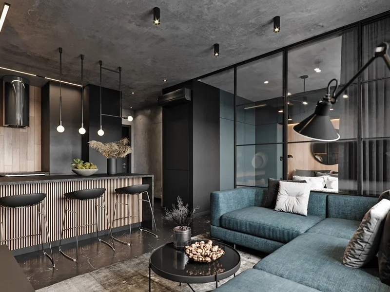 Дизайн квартиры-студии с использованием барной стойки и прозрачной перегородки