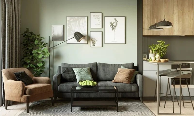 Уютная квартира-студия в оттенках зеленого цвета