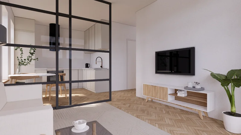Вариант зонирования квартиры-студии с использованием раздвижной конструкции