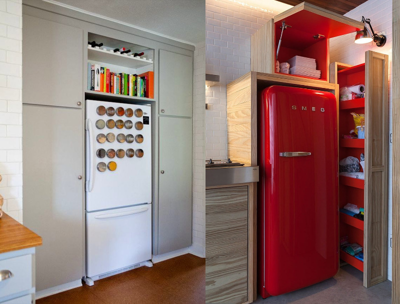 Полки и ящики над холодильником в маленькой кухне
